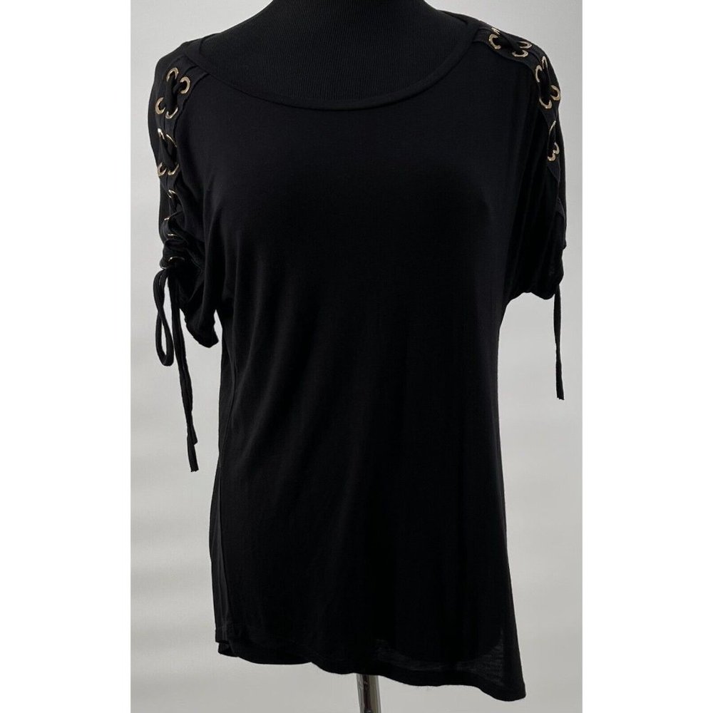For The Republic Womens Black Shirt Size Medium Tie Lace Sleeves Gold Hardware